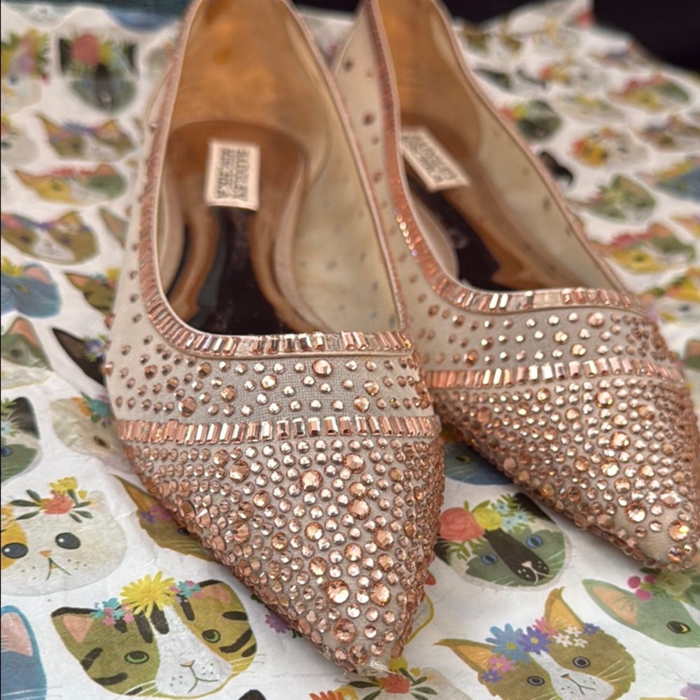 Badgley Mischka Women’s Babette Satin Rose Gold Slip-On Crystal Flats Size 8